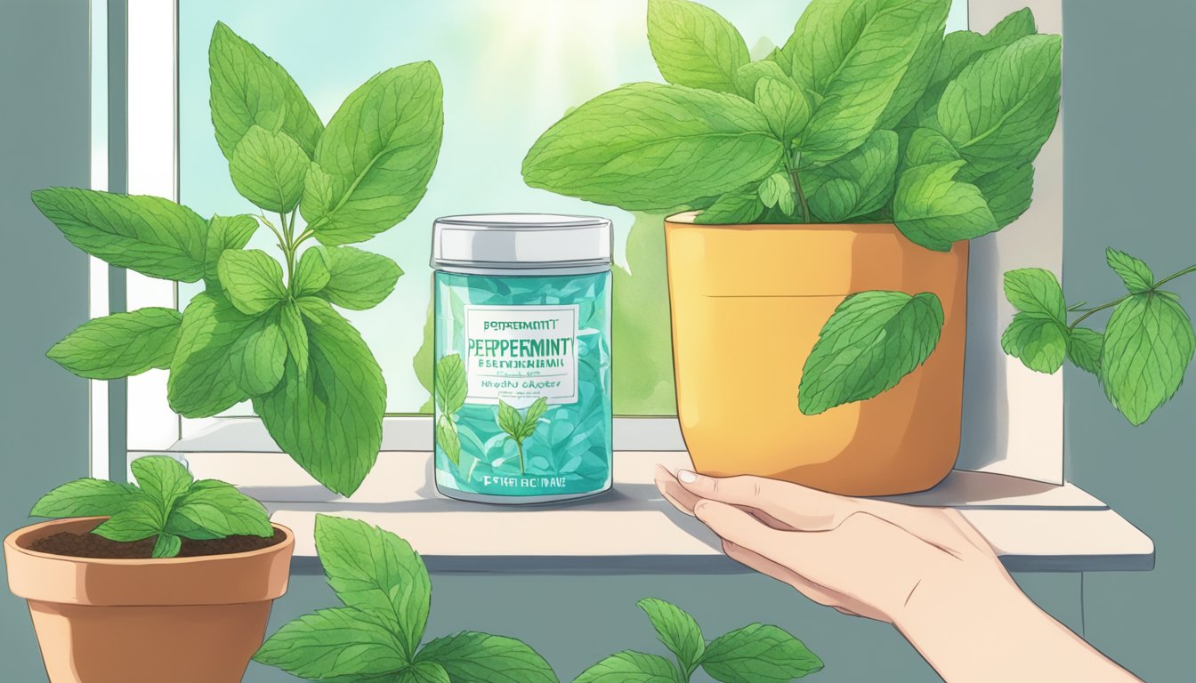 A hand gently waters a vibrant peppermint plant in a sunny window, with a small packet of plant food nearby. A label reading "Peppermint Plant" is visible in the background