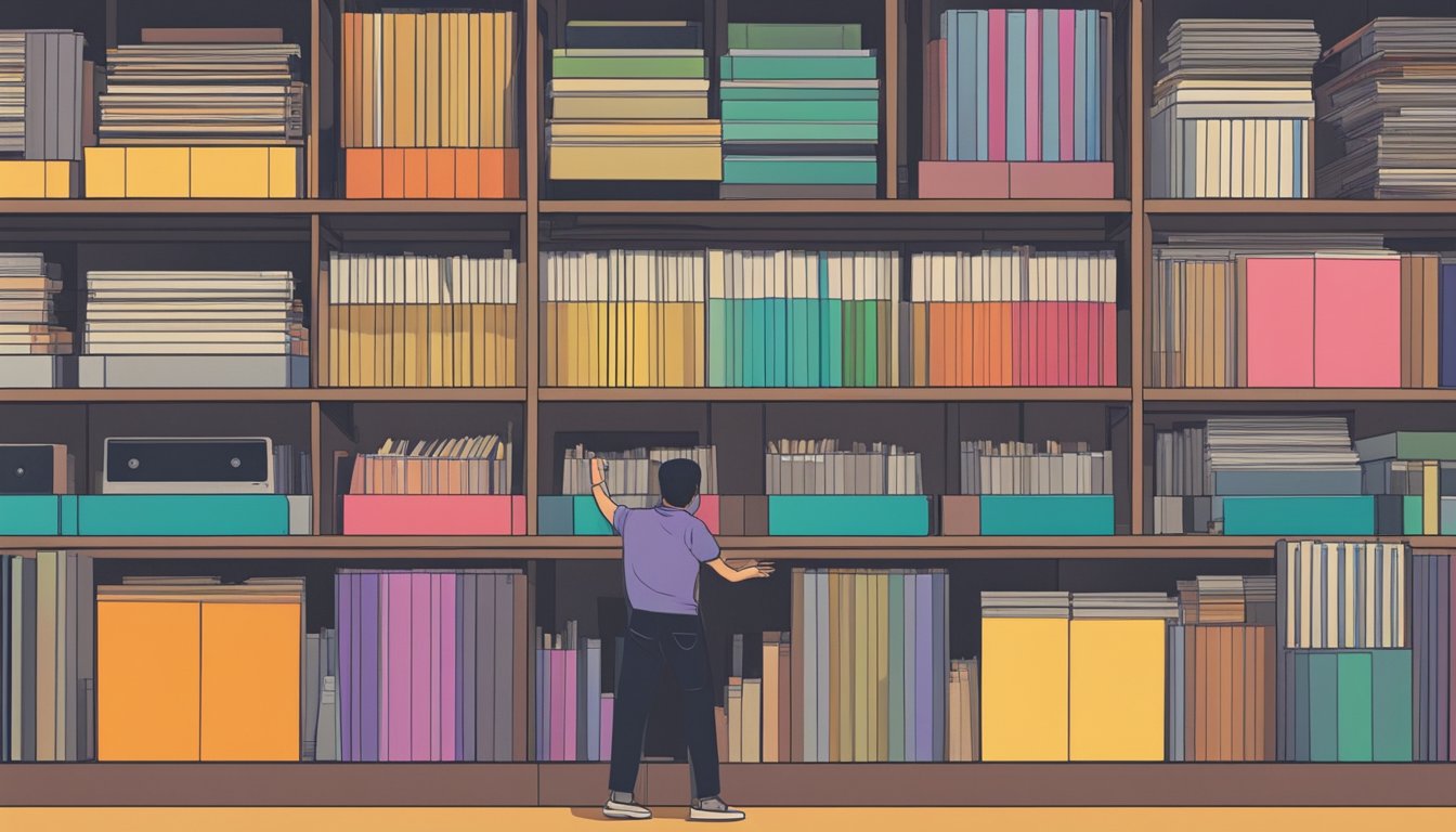 A hand reaches for a stack of vinyl records in a Singapore music store. The records are neatly organized on shelves, with colorful album covers on display