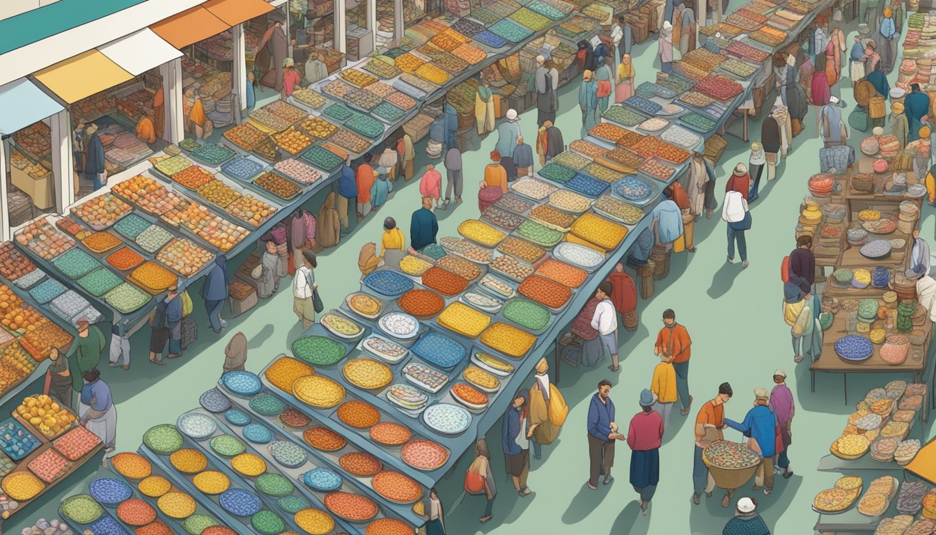 A bustling marketplace with rows of colorful ceramic plates on display, with vendors showcasing their wares and customers browsing the selection