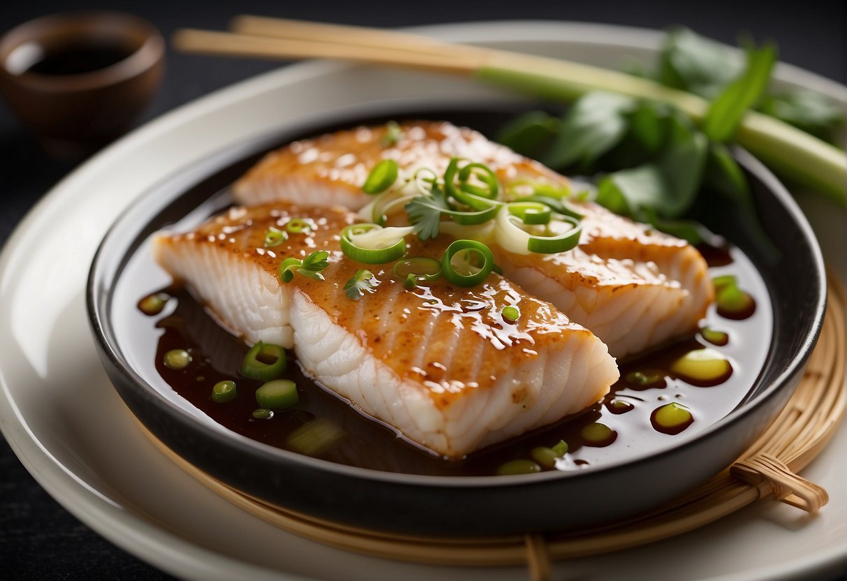 A steaming plate of Chinese-style fish fillet, adorned with ginger, scallions, and soy sauce, sits on a bamboo steamer