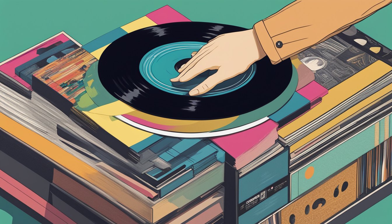 A hand reaches for a stack of vinyl records in a Singapore music shop, surrounded by colorful album covers and vintage decor
