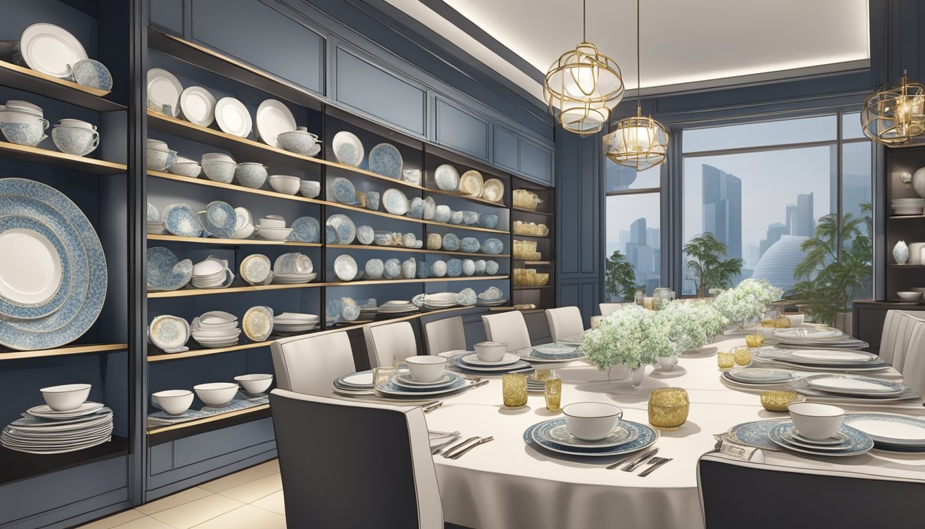 A display of elegant plates and dinnerware in a modern Singapore shop