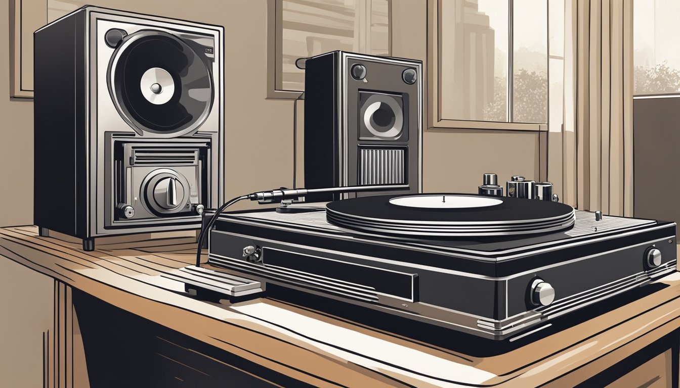 A turntable spins a vinyl record while a stylus gently glides over the grooves, producing warm and rich music. A vintage amplifier and speakers fill the room with nostalgic sound