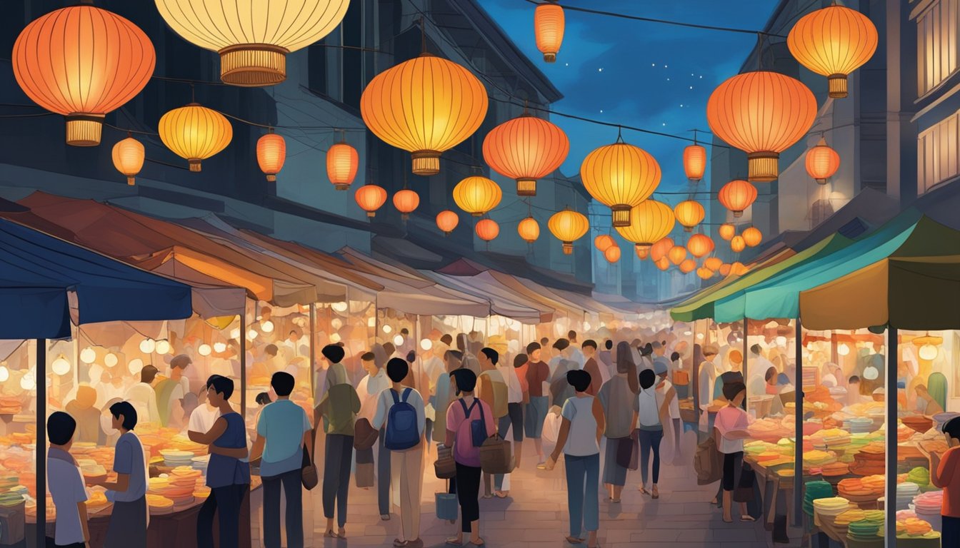 A bustling street market in Singapore, filled with colorful stalls selling an array of ceramic and porcelain plates. Vendors call out to passersby, showcasing their wares under the warm glow of hanging lanterns
