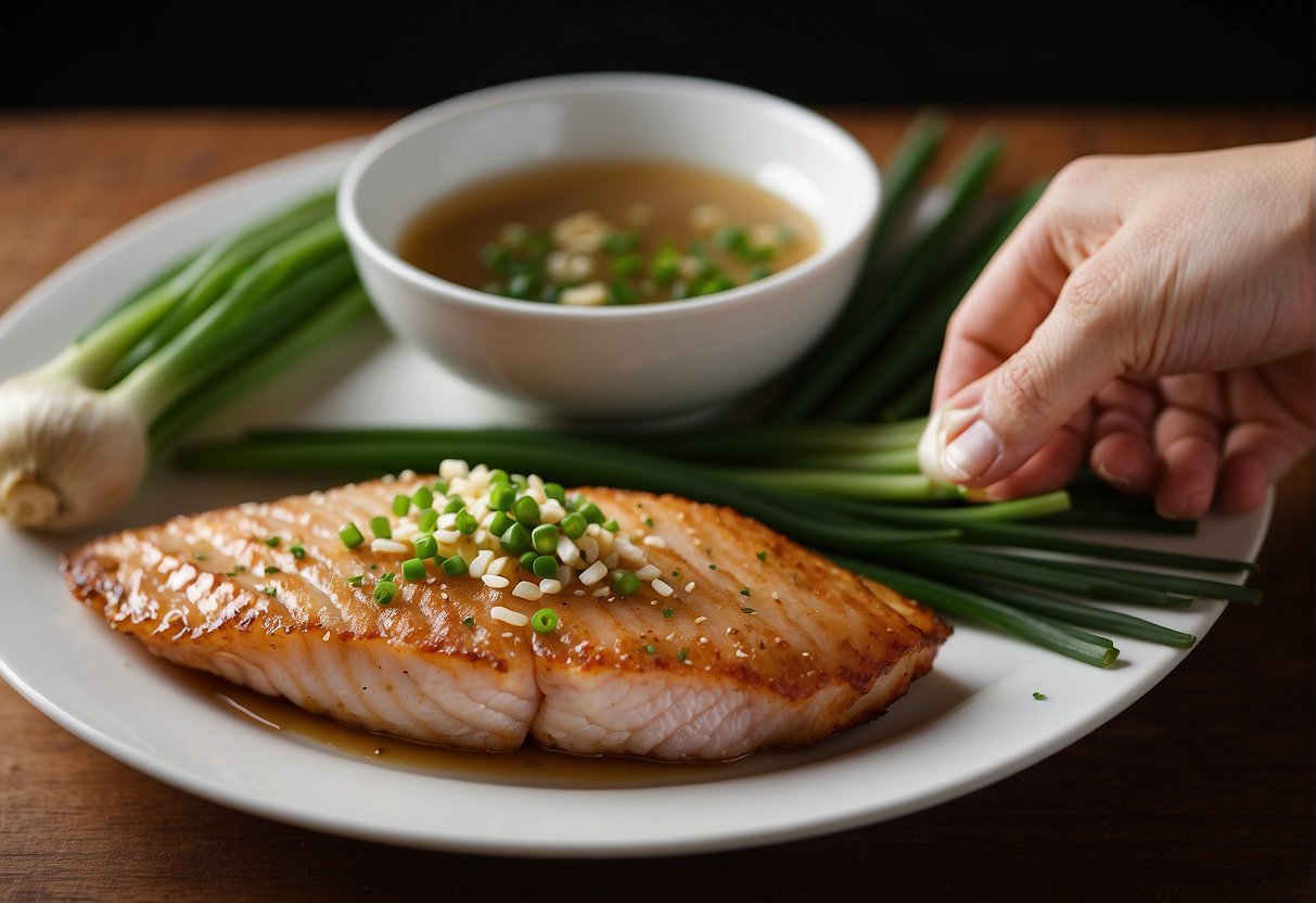 A hand reaches for ginger, garlic, and green onions. A steaming fish fillet sits on a plate. Soy sauce and sesame oil stand nearby