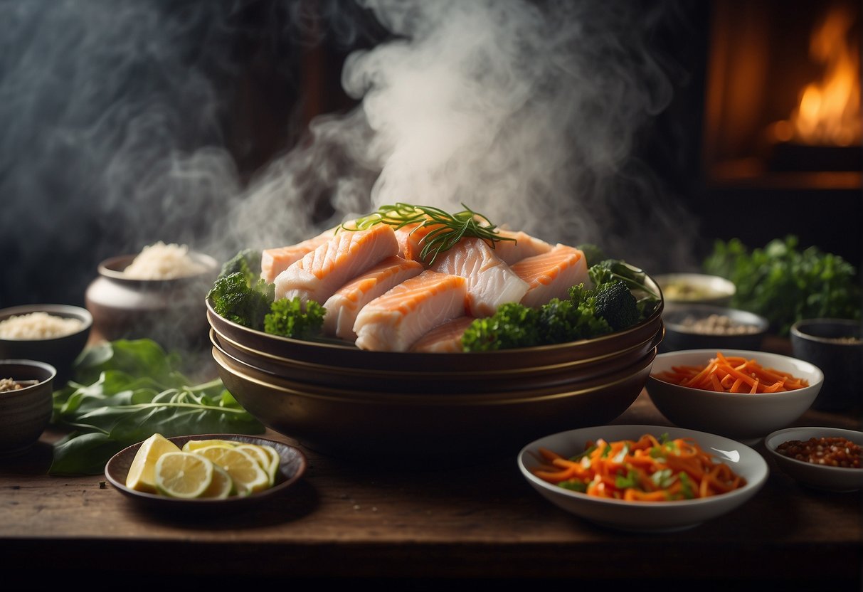 A steaming basket with fish fillets, surrounded by aromatic steam and traditional Chinese cooking ingredients