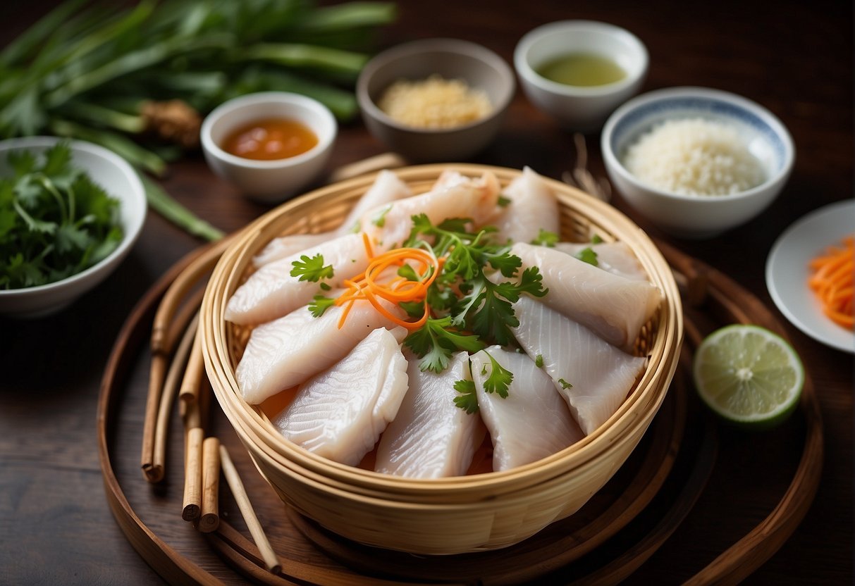 A steaming bamboo basket filled with Chinese-style fish fillets, surrounded by traditional condiments and garnishes