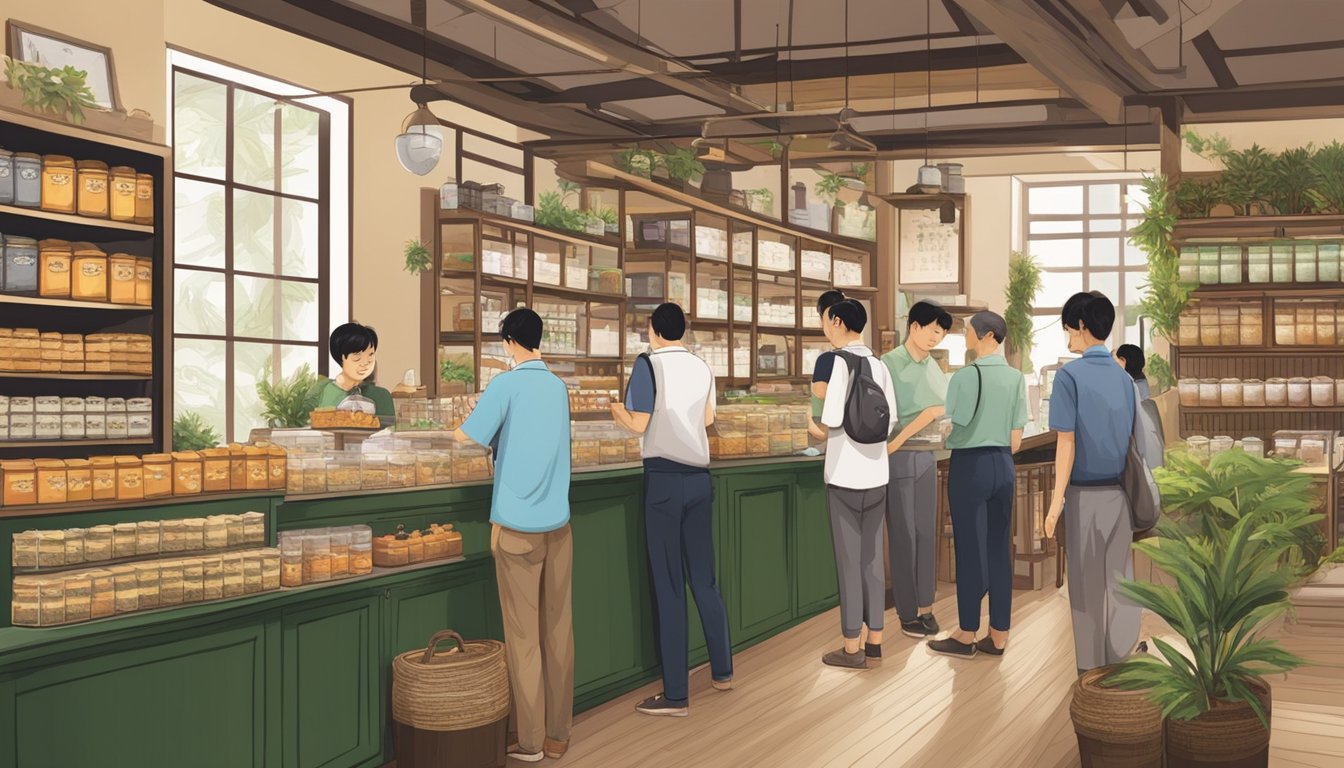 A bustling tea shop in Singapore displays shelves of pu erh tea, with customers sampling and purchasing the aromatic leaves