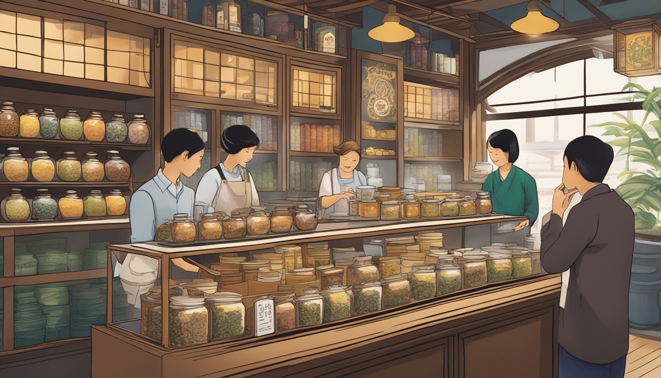 A bustling tea shop in Singapore showcases an array of Pu Erh teas, with vibrant packaging and enticing aromas. Customers eagerly sample and purchase the prized tea leaves, while the shop owner proudly displays the rare and sought-after collection
