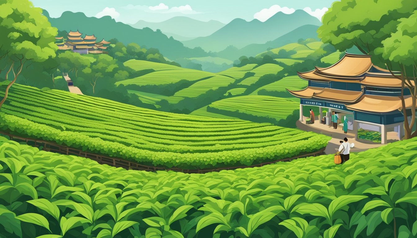 A serene tea plantation in Singapore, with lush greenery and workers harvesting pu erh tea leaves. A sign advertises the health benefits of the tea