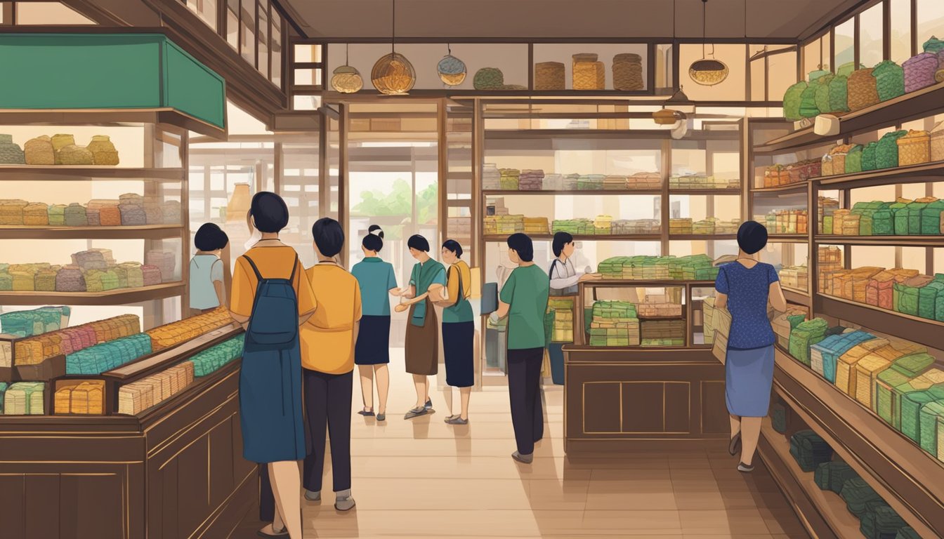 A bustling tea shop in Singapore, shelves lined with colorful packages of pu erh tea. Customers browse, while a knowledgeable staff member assists