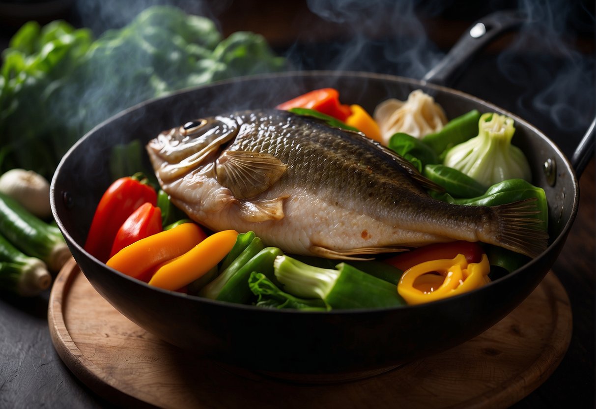 A whole fish head sizzling in a wok with ginger, garlic, and soy sauce, steam rising, surrounded by vibrant green bok choy and colorful bell peppers