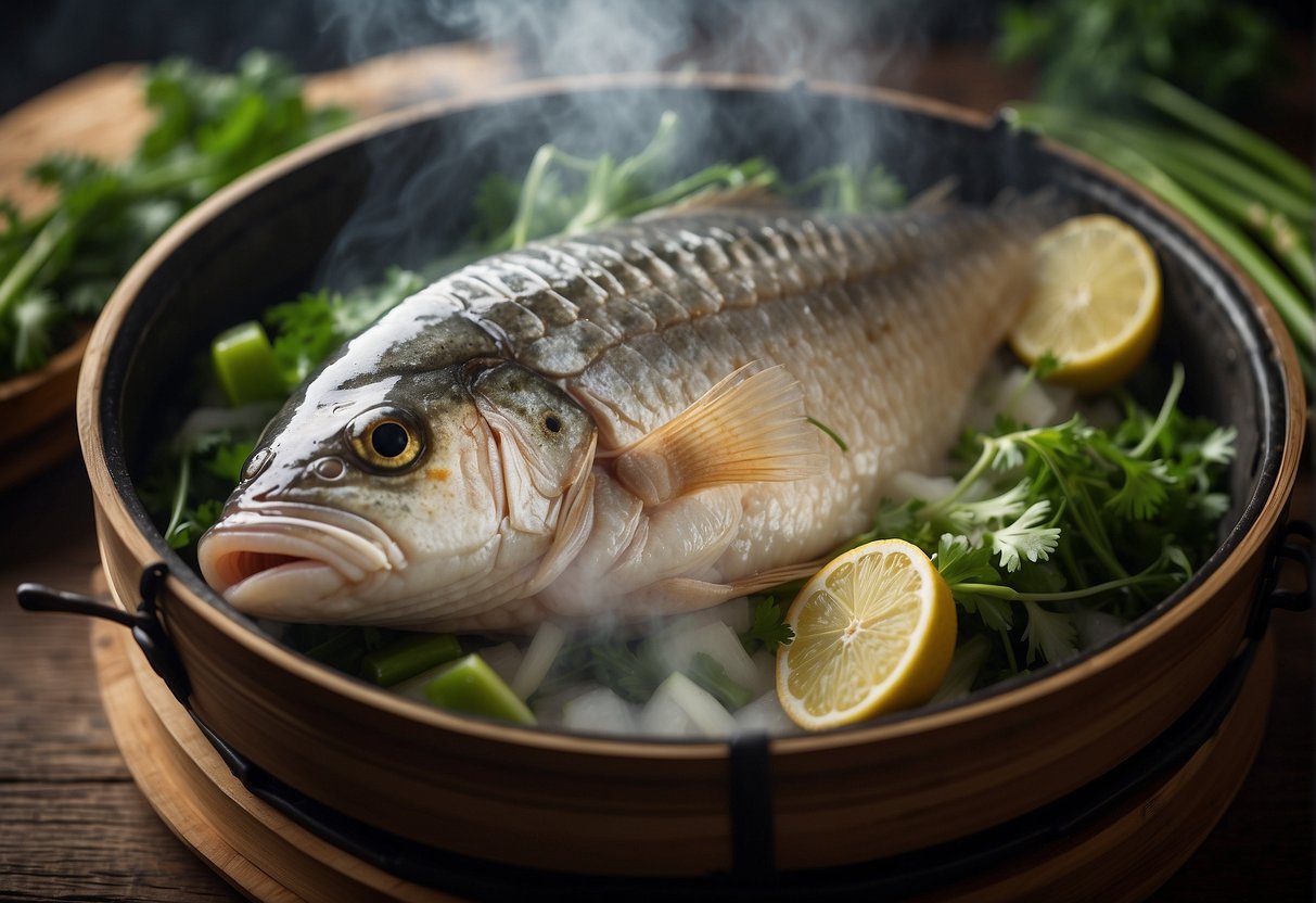 A whole fish steaming in a bamboo steamer, surrounded by ginger, scallions, and cilantro, with steam rising from the dish