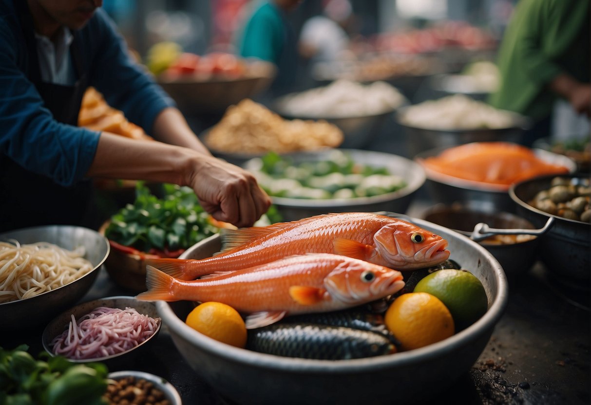 A hand reaches for a fresh fish at a bustling Chinese market, surrounded by vibrant ingredients and traditional cooking utensils