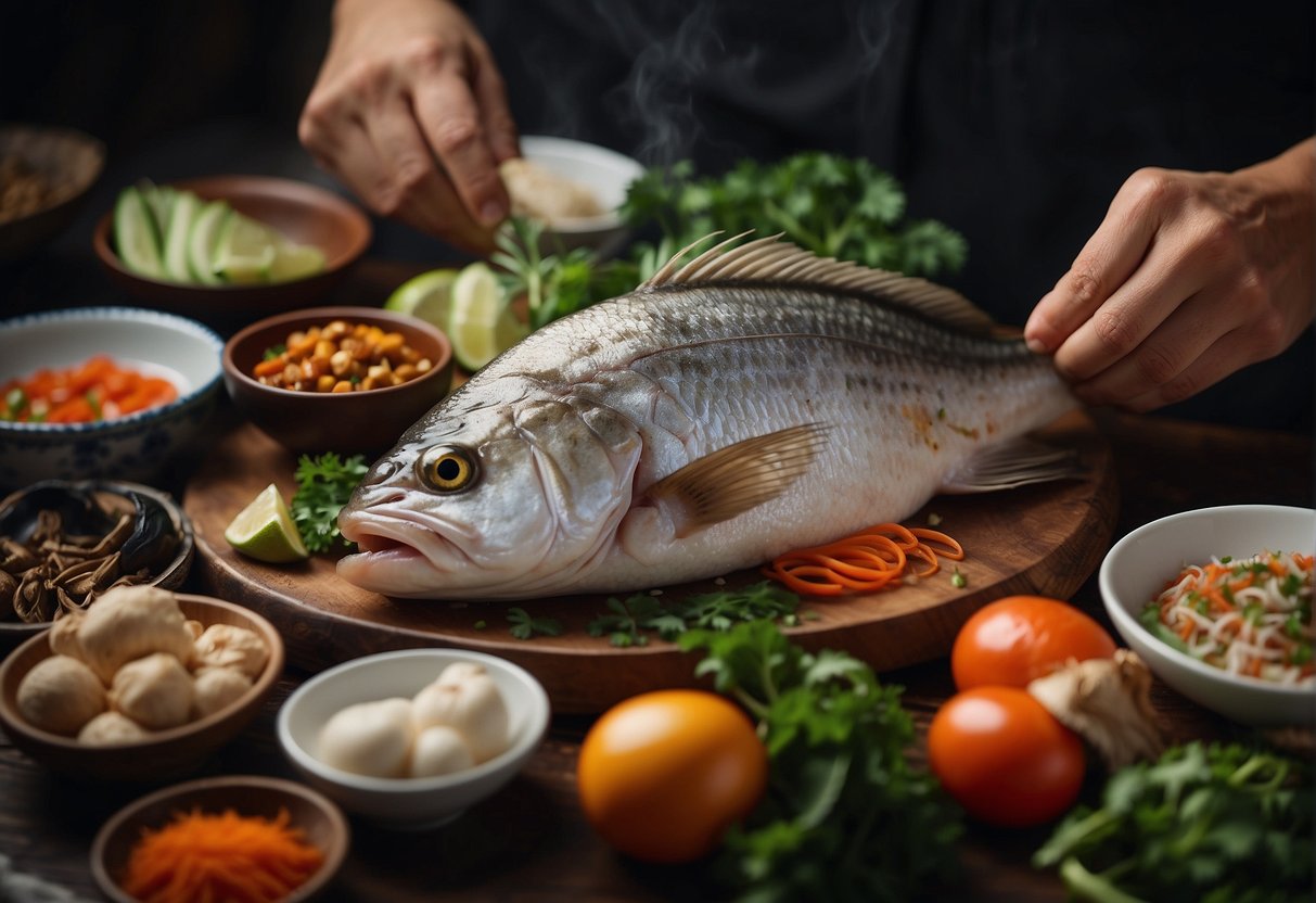 A hand reaches for a fresh fish head, surrounded by various Chinese ingredients and cooking utensils, ready to prepare a traditional steamed fish head dish