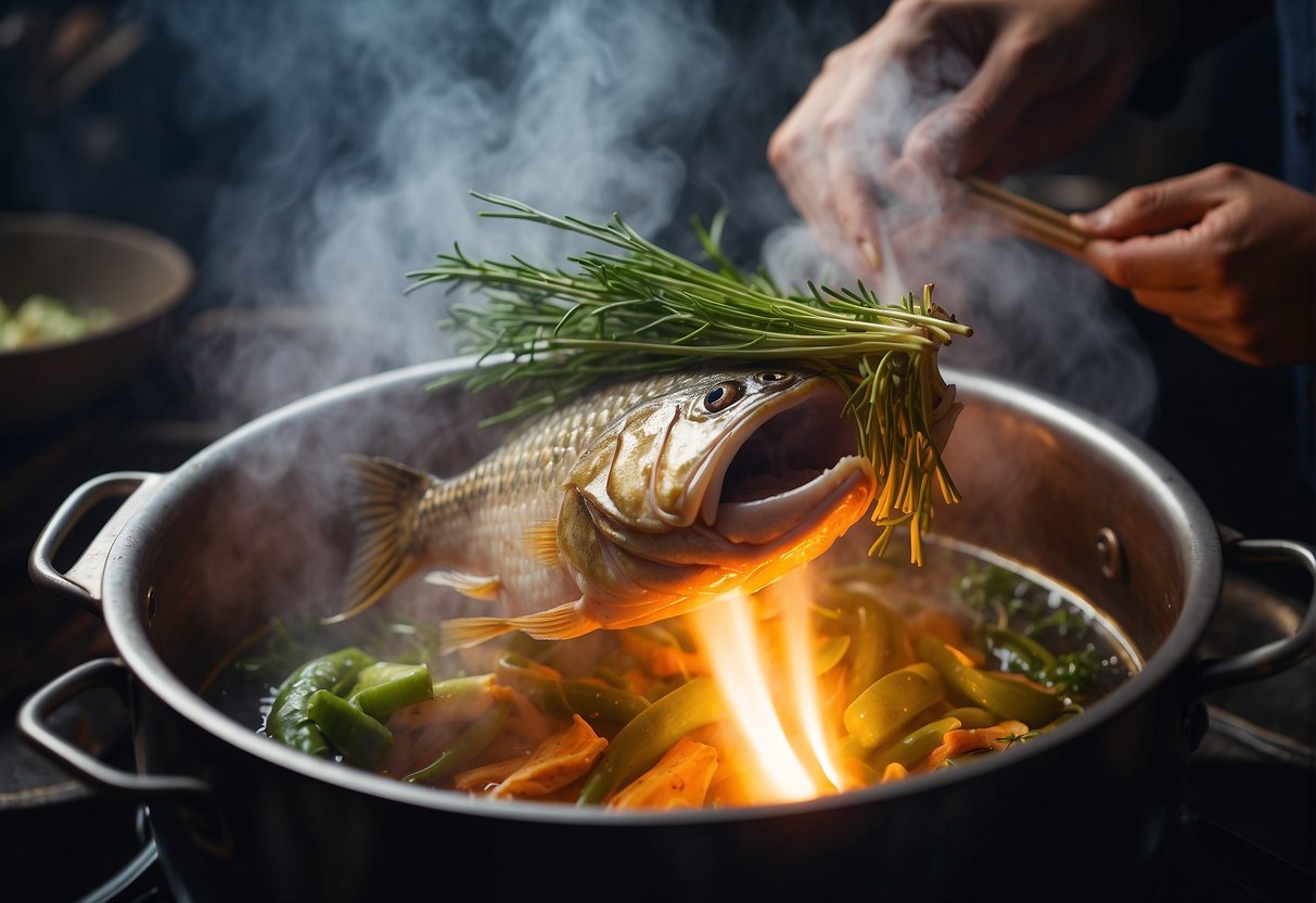 A fish head is being steamed in a traditional Chinese kitchen, surrounded by aromatic herbs and spices