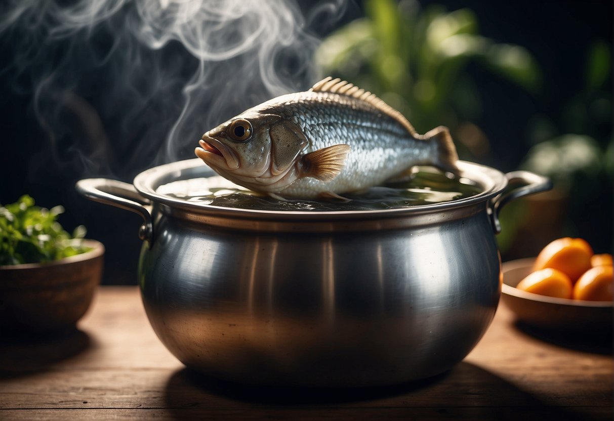 A pot of boiling water with a fish head inside, surrounded by steam