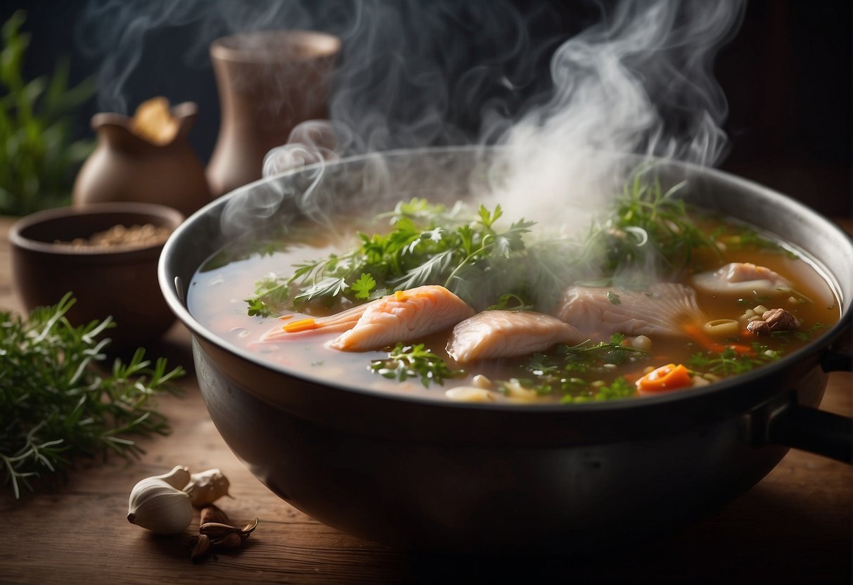 Steam rises from a bubbling pot of fish head soup, surrounded by aromatic herbs and spices. The air is filled with the fragrant scent of Chinese flavor enhancements
