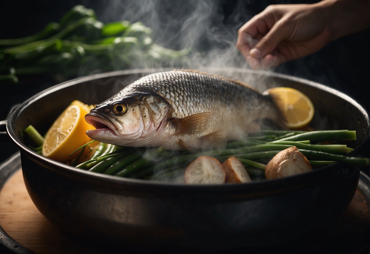 A steaming basket sits atop a pot, releasing aromatic steam. Whole fish, ginger, and scallions are arranged inside, ready for cooking