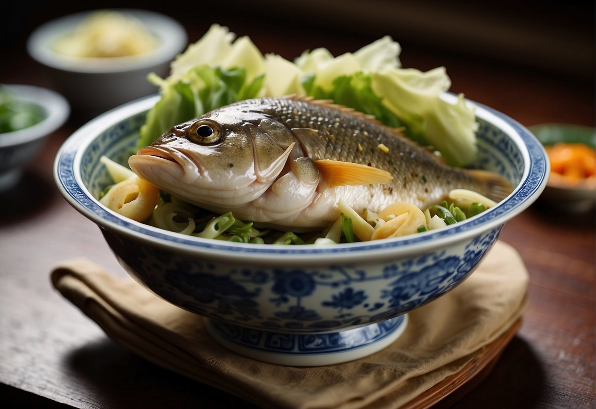 Steamed fish head on a bed of cabbage, garnished with ginger and scallions, served in a traditional Chinese ceramic dish