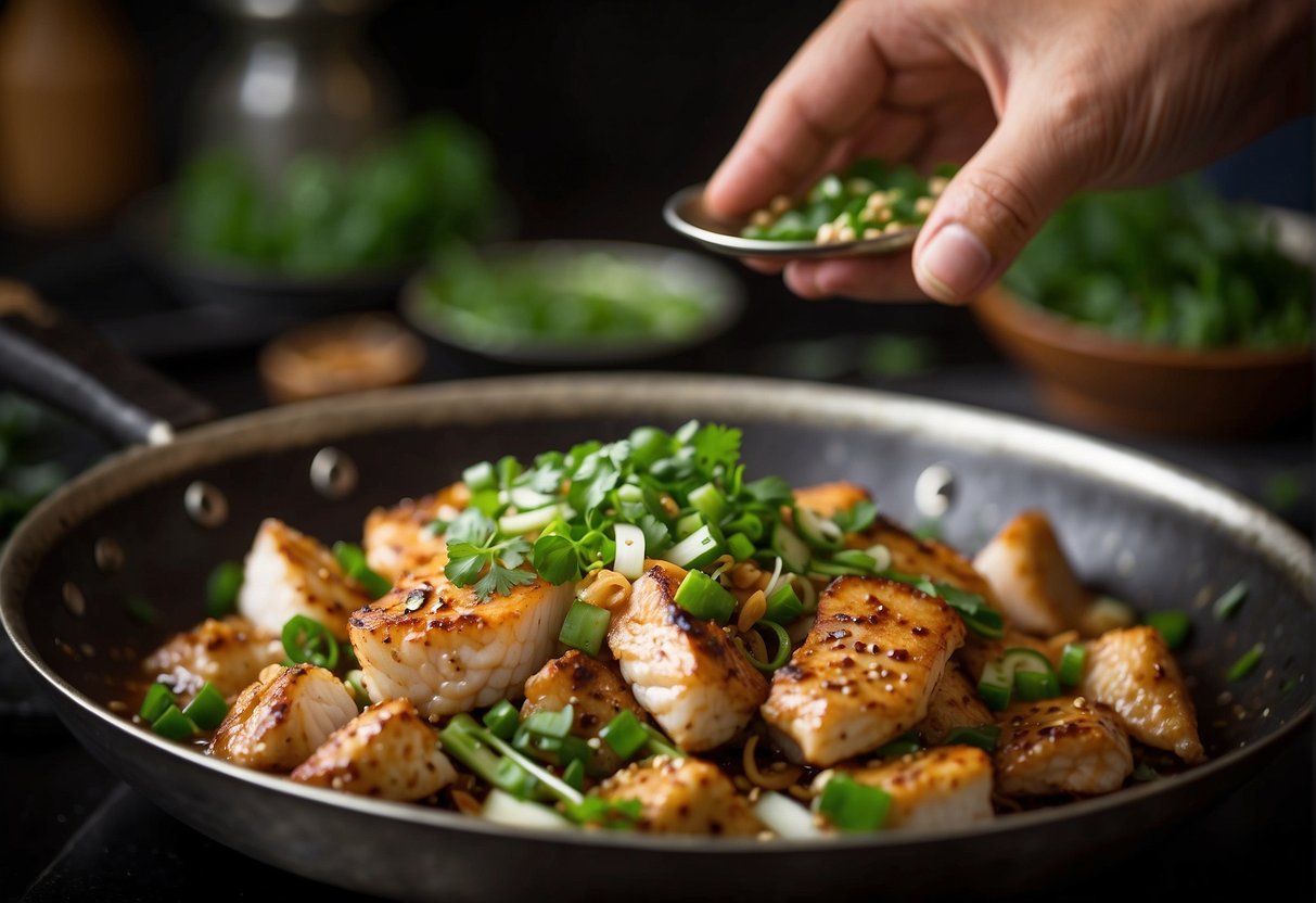 A wok sizzles as the chef adds soy sauce, ginger, and garlic to the fish, filling the air with savory aromas. Green onions and cilantro garnish the dish, creating a vibrant and appetizing presentation