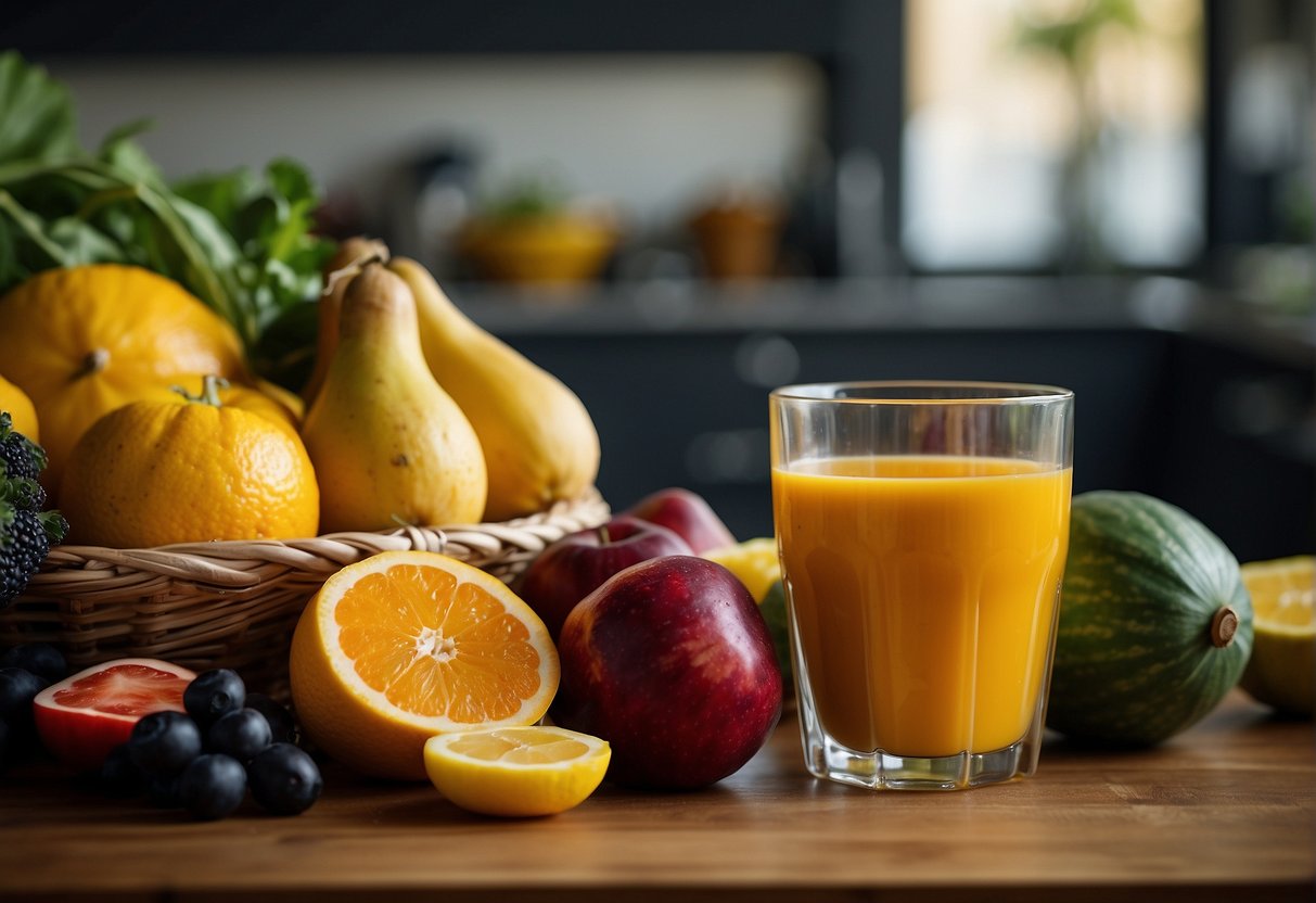 Fresh fruits and vegetables being juiced with vibrant colors, surrounded by anti-inflammatory ingredients like turmeric and ginger