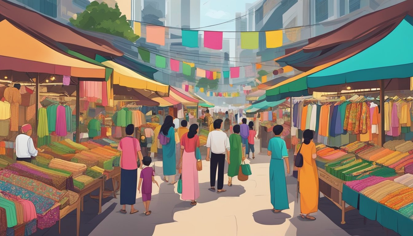 A bustling market with colorful racks of traditional Raya clothes in Singapore. Customers browse through the vibrant fabrics and intricate designs