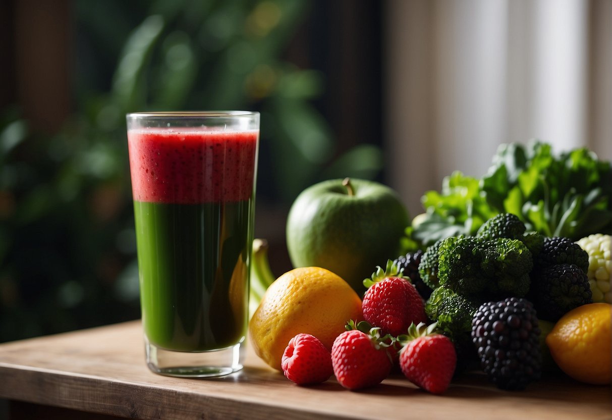 A glass of vibrant green juice surrounded by fresh fruits and vegetables, with a backdrop of a body silhouette showing inflammation in red