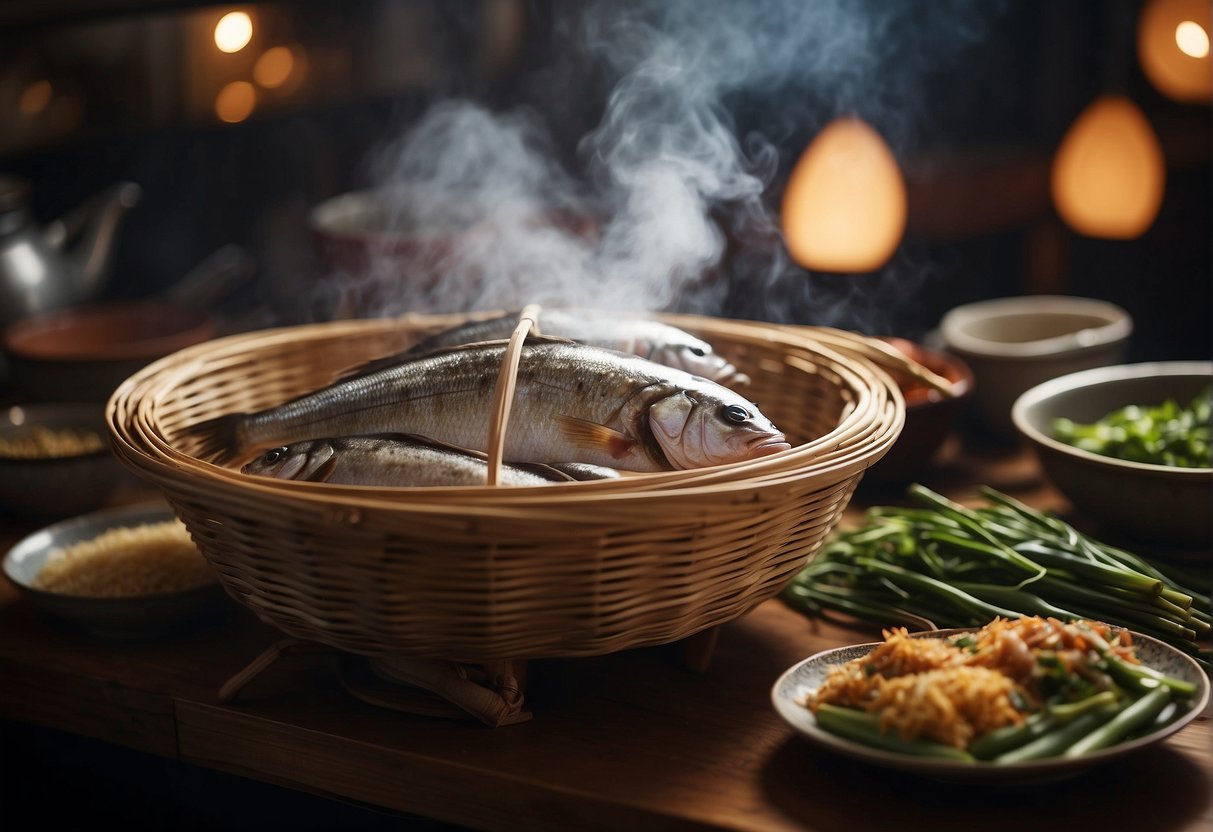 A steaming bamboo basket filled with whole fish and aromatic Chinese herbs, surrounded by a bustling kitchen with chefs and cooks preparing traditional Chinese dishes