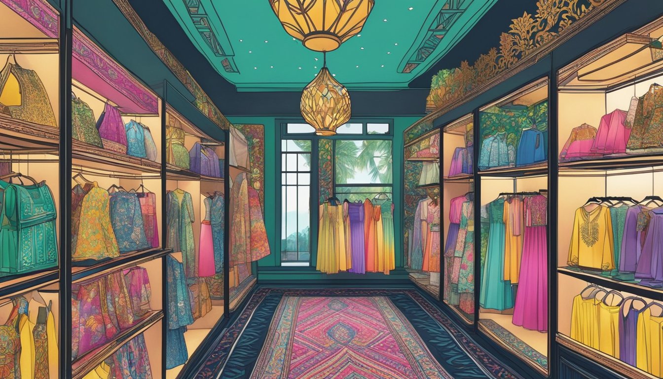 A vibrant display of Raya fashion trends adorns the shelves in a modern boutique in Singapore. Bright colors and intricate designs catch the eye, showcasing the latest styles for the festive season