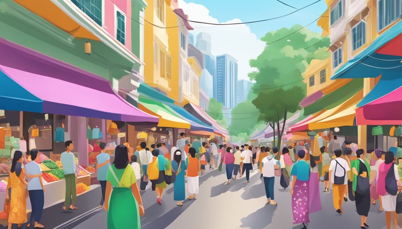 A bustling Singapore market street with colorful traditional clothing shops and vibrant displays of Raya outfits