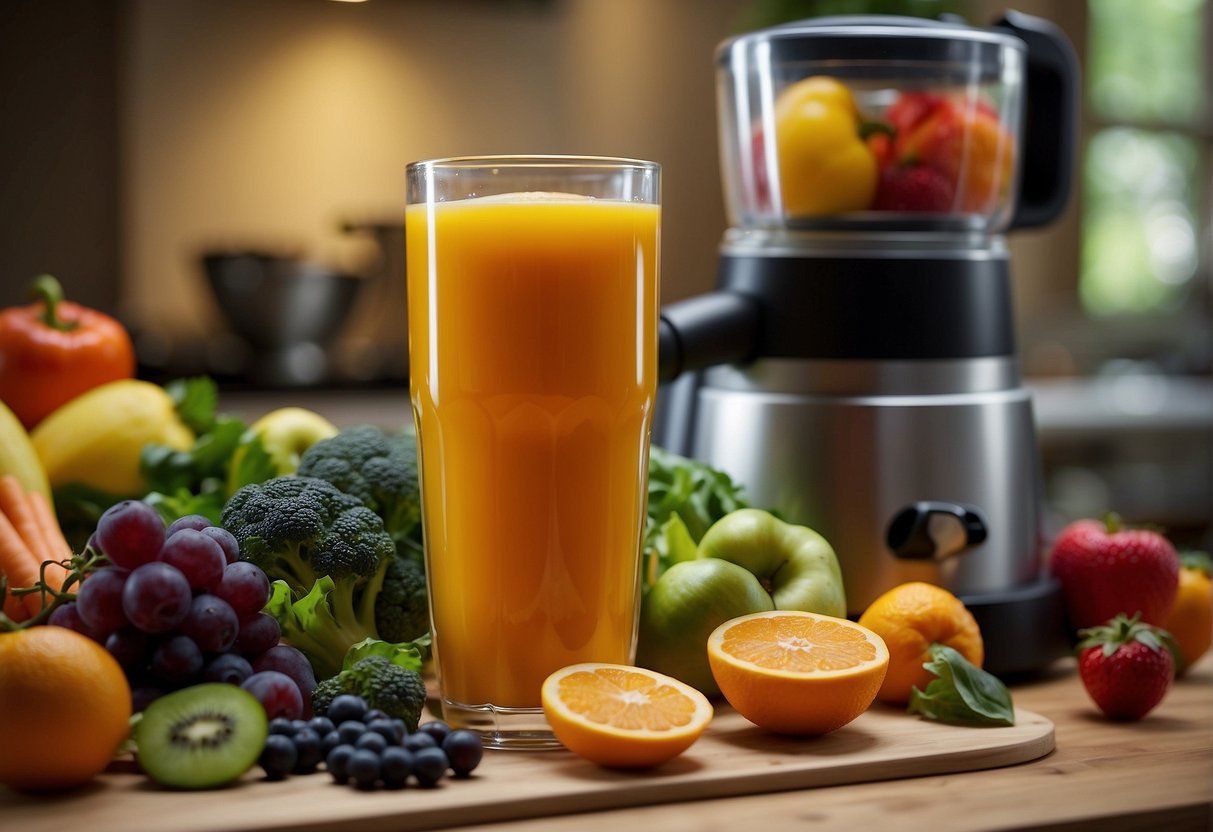 A colorful array of fresh fruits and vegetables being juiced into a vibrant, nutrient-rich drink. The juicer is surrounded by a variety of produce, highlighting the role of diet in managing inflammation