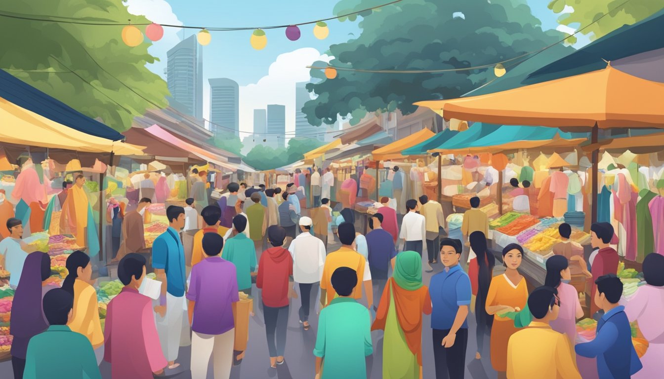 A bustling market with colorful traditional Raya clothes on display, surrounded by eager shoppers in Singapore