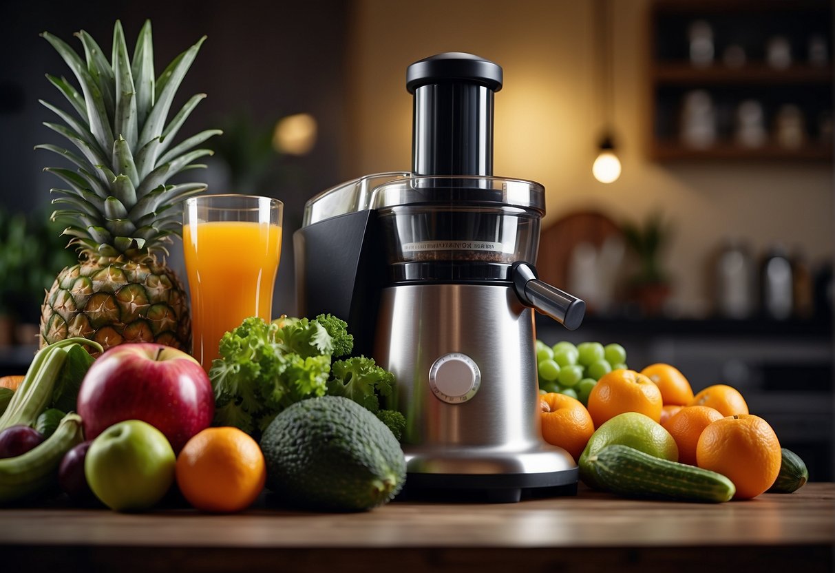 Fresh fruits and vegetables arranged around a juicer, with a vibrant glass of juice and a sign reading "Inflammatory Relief" nearby