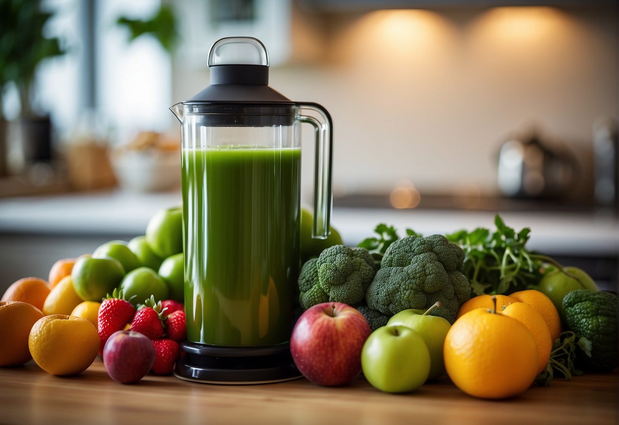 Fresh fruits and vegetables arranged on a kitchen counter, a juicer in the center, and a glass filled with vibrant green juice