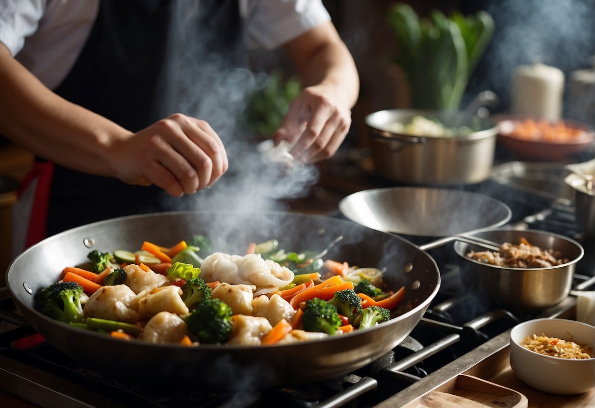 A wok sizzles with stir-fried vegetables and meat, while a pot steams with dumplings and buns. A chef's hand sprinkles spices over the dishes