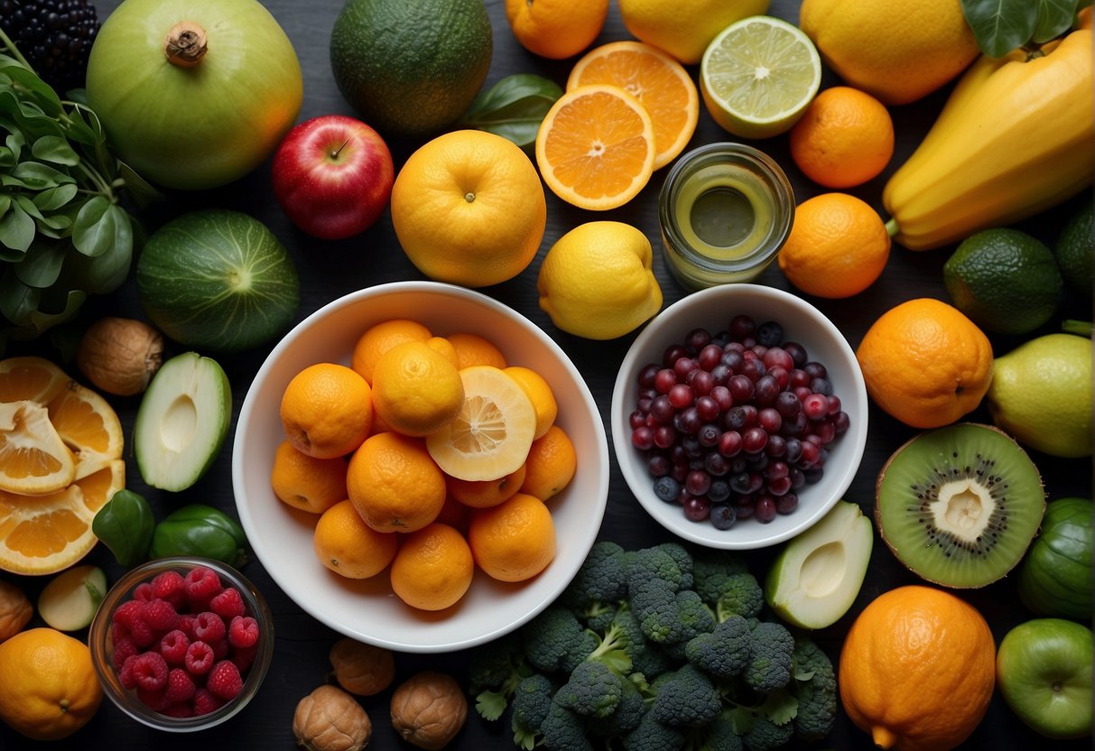 A vibrant array of fresh fruits and vegetables being juiced, with a focus on anti-inflammatory ingredients like ginger, turmeric, and leafy greens