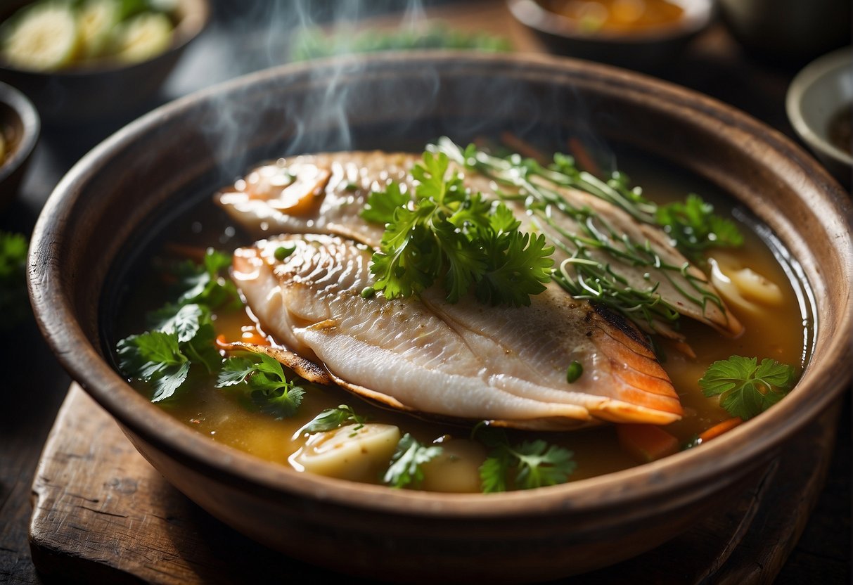 A pot of steaming lapu lapu fish in Chinese-style broth