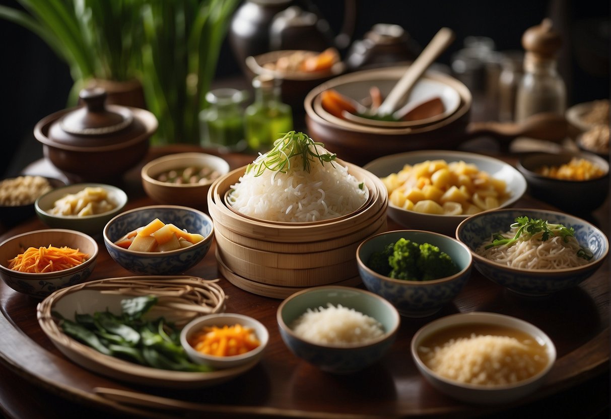 A bamboo steamer filled with various Chinese steamed dishes, surrounded by traditional condiments and utensils