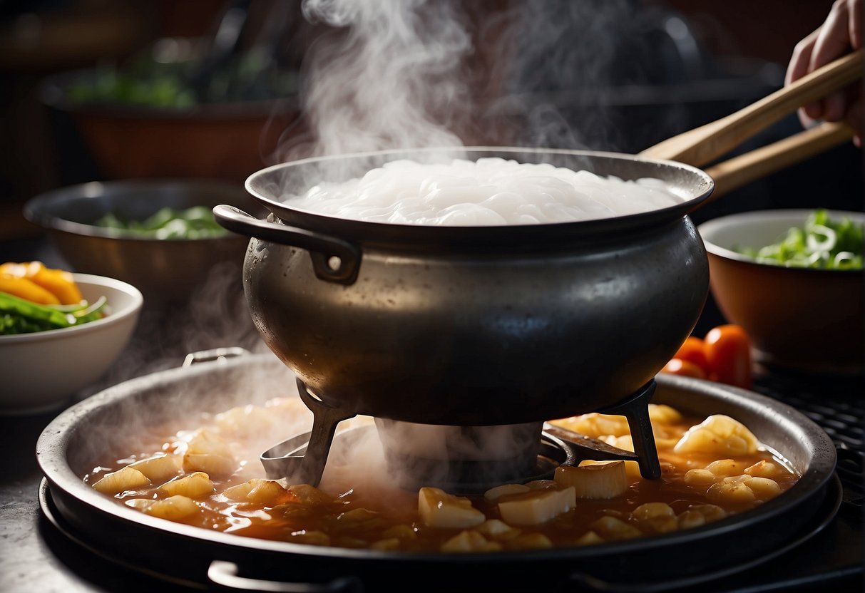 Steam rises from a bubbling pot of Chinese-style lapu lapu sauce being prepared. Ingredients surround the pot, adding to the scene's visual appeal