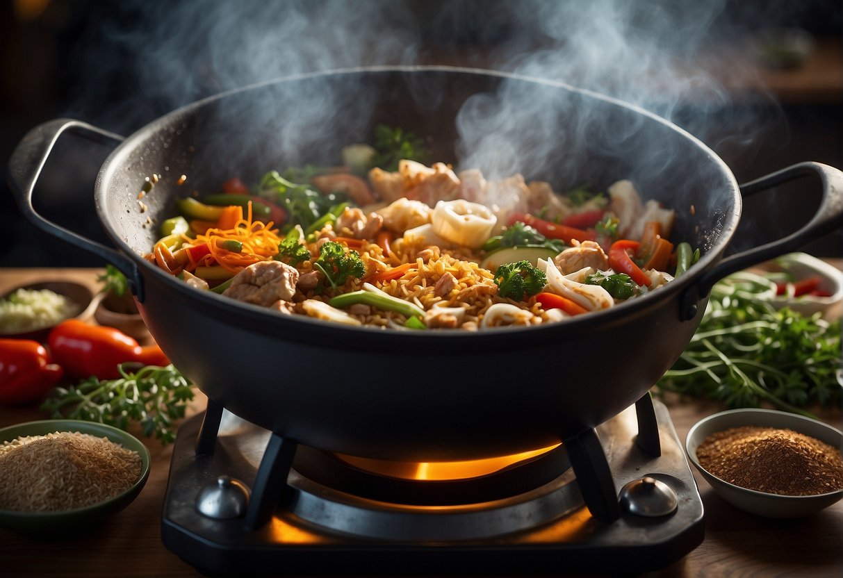 Steam rises from a wok filled with sizzling Chinese food, surrounded by an array of vibrant spices and herbs. The aroma of flavors and seasonings fills the air
