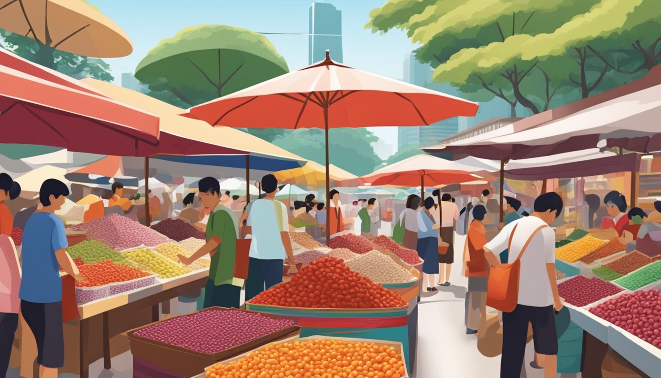 A bustling outdoor market stall displays jars of vibrant red bean paste in Singapore. Shoppers browse the colorful array of products under the shade of a large umbrella