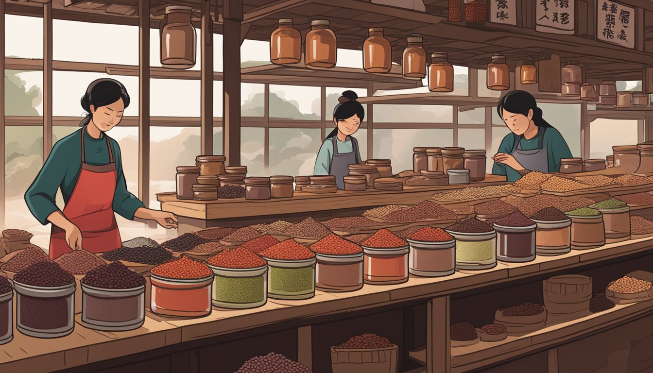A bustling market stall displays various shades of red bean paste in neatly labeled jars, while a vendor carefully arranges freshly made batches on a wooden counter
