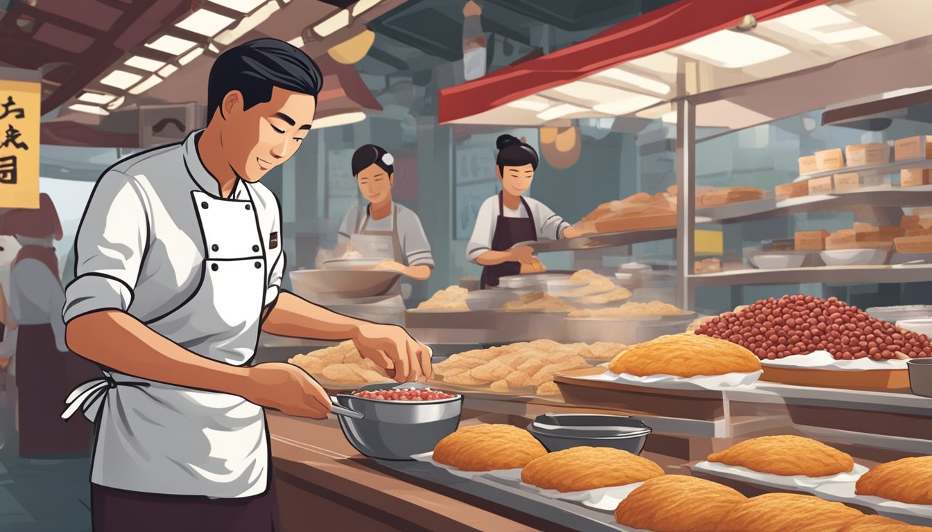 A chef spreads red bean paste on a freshly baked pastry in a bustling Singaporean market. Display signs advertise where to buy the sought-after ingredient