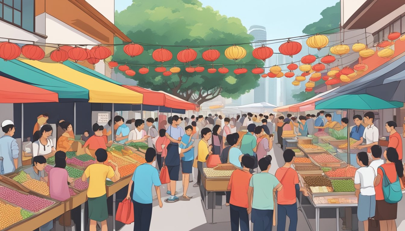 A bustling market stall in Singapore, with colorful signs advertising "Red Bean Paste" and a crowd of customers asking for directions