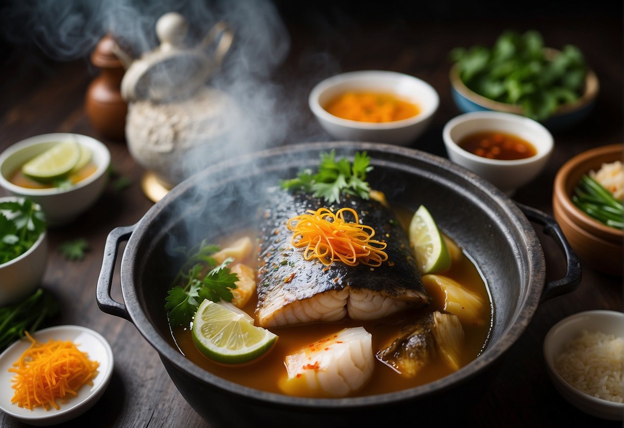 A steaming pot of Chinese-style lapu-lapu fish with a fragrant broth, surrounded by various ingredients and utensils