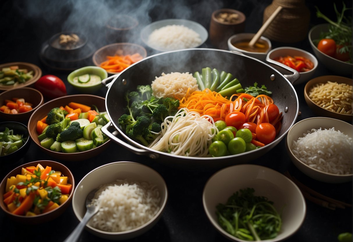 A table set with steamed Chinese dishes, surrounded by colorful vegetables and herbs. A wok and bamboo steamer sit on the stove