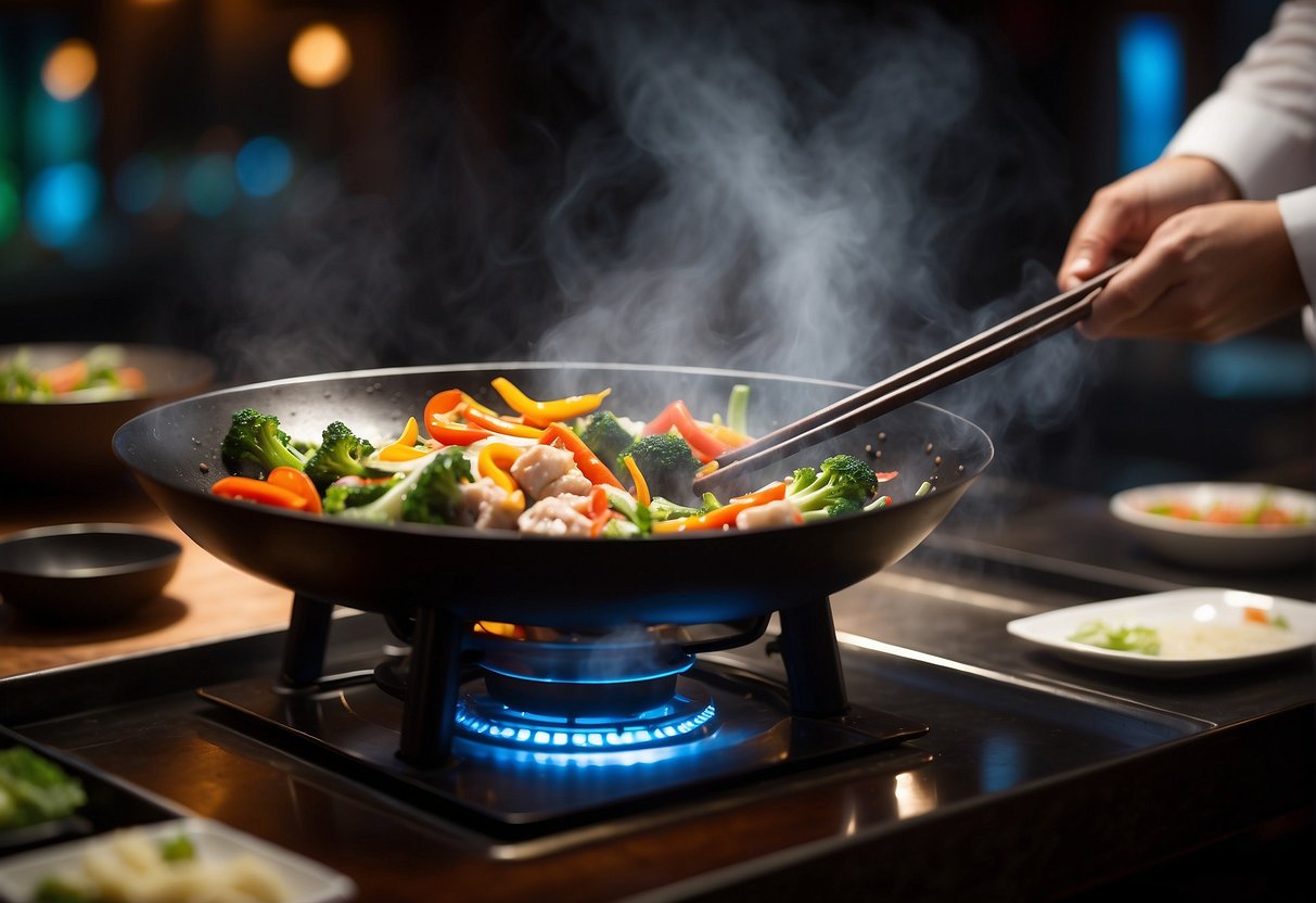 A wok sizzles with stir-fried vegetables and meat. Steam rises as a chef adds aromatic sauces. A table is set with elegant Chinese dinnerware