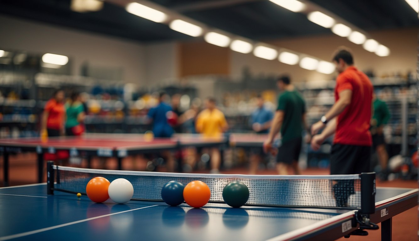 A table tennis player selects equipment from a variety of paddles, balls, and other gear displayed on shelves in a sports equipment store