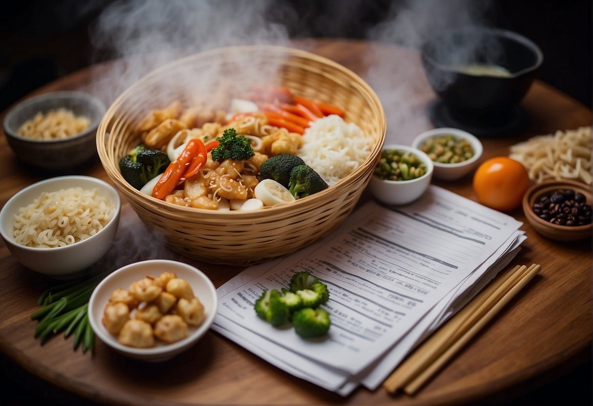 A steaming bamboo basket filled with Chinese food recipes, surrounded by a stack of FAQ papers